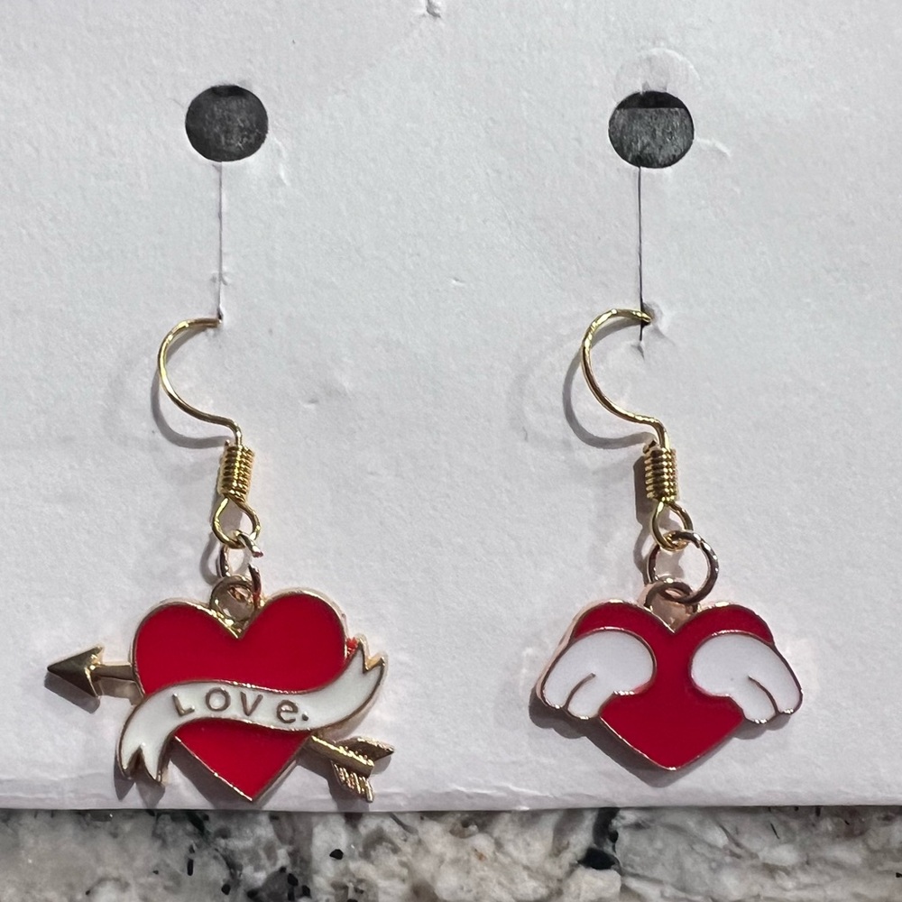 Red Heart Earrings with Love and Wings